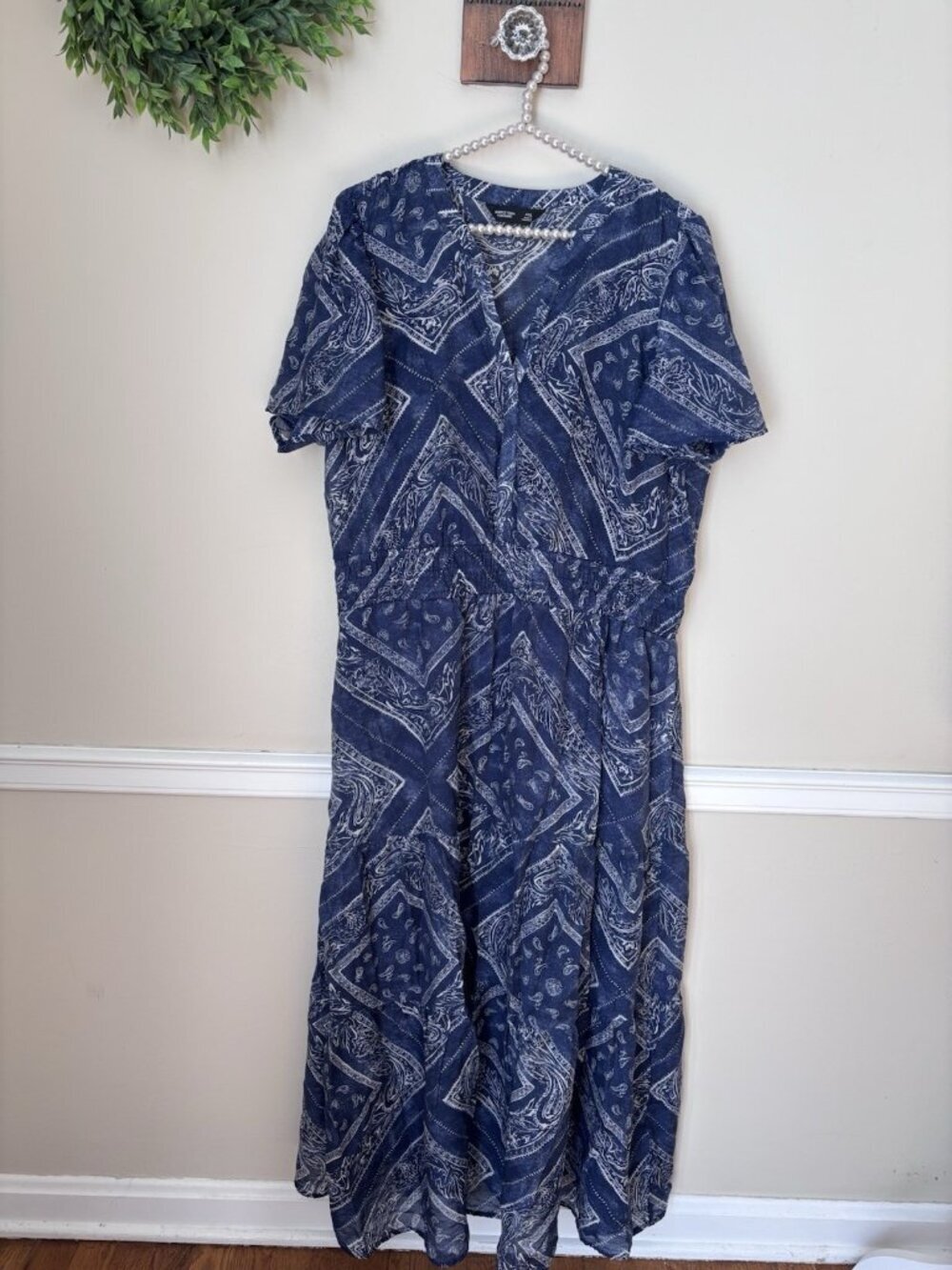 Simply Vera Vera Wang Size XXL Blue Floral Paisley Maxi Dress Short Sleeve